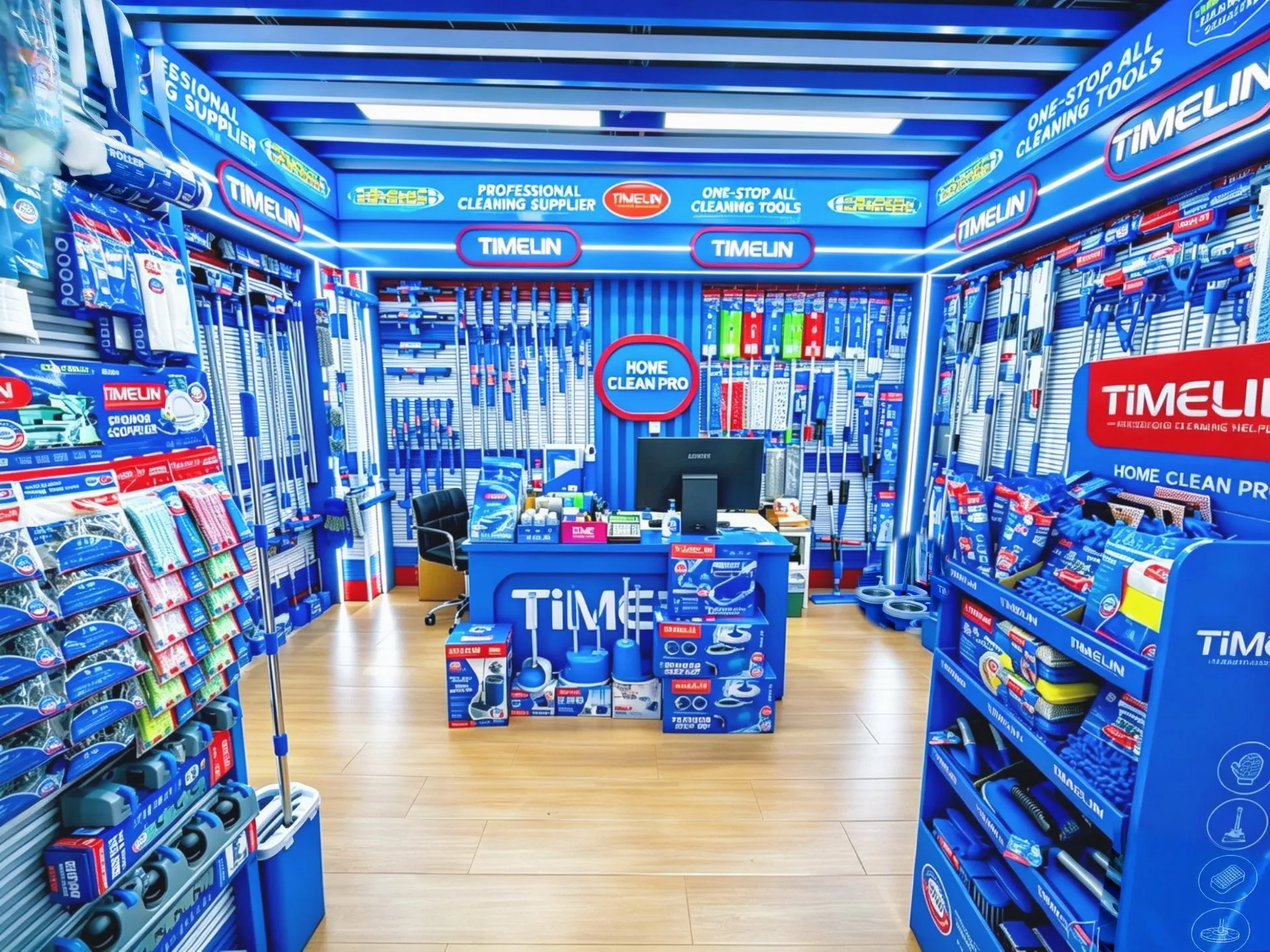 TIMELIN showroom — full range of cleaning tools on display